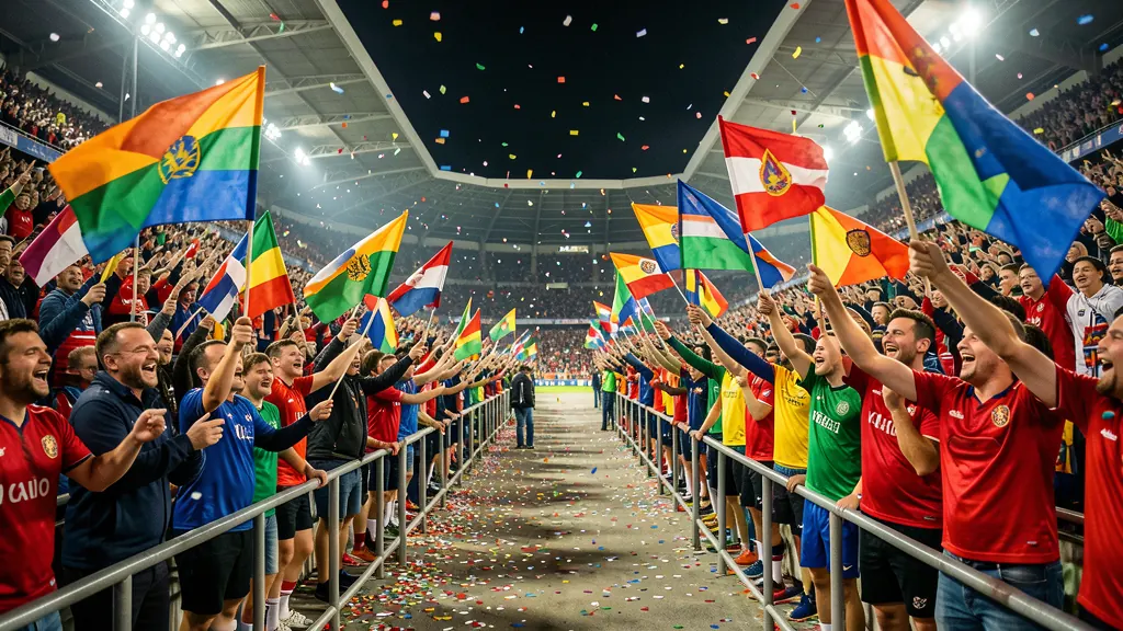 Football fans from small nations celebrating in a stadium concourse