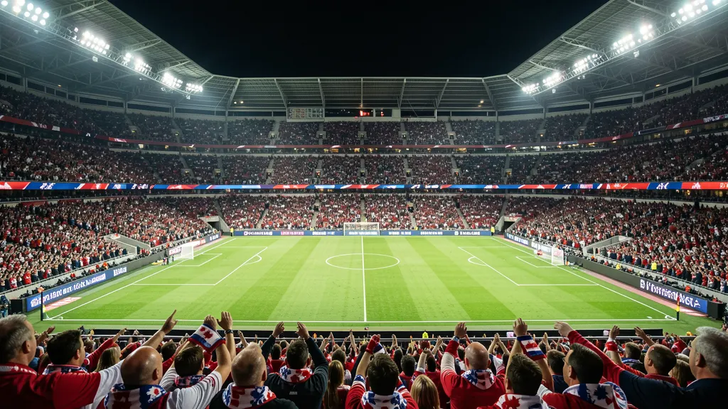 A packed North American soccer stadium at night