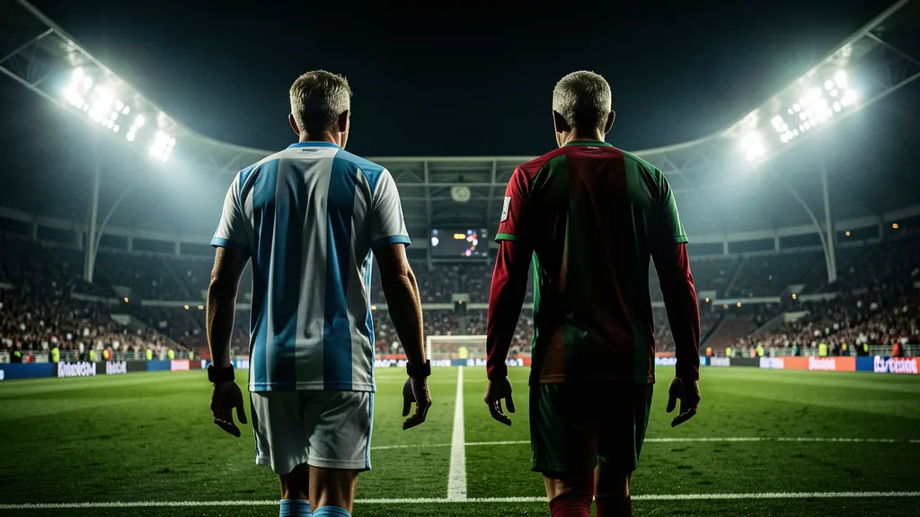 Two veteran football captains walking toward a floodlit pitch