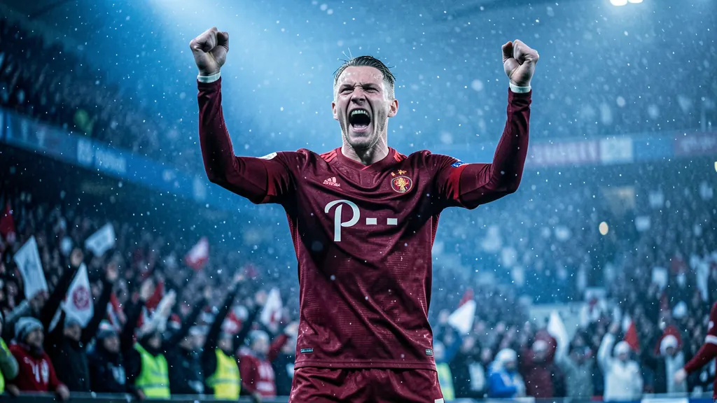 A powerful striker celebrating under cold stadium lights