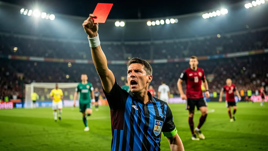 A referee holding a red card during a night match