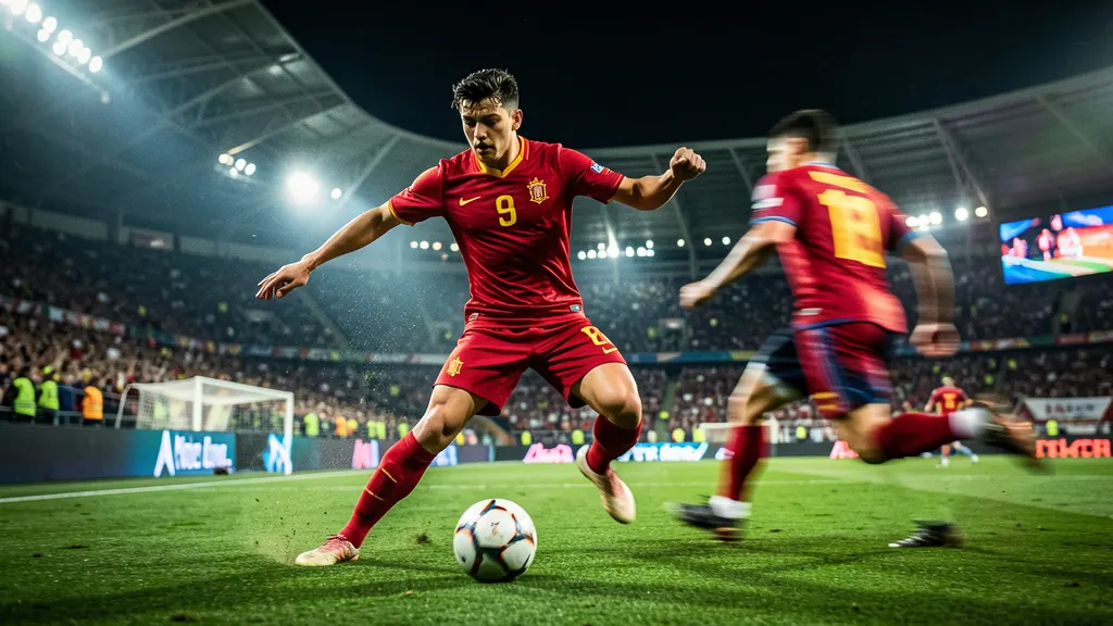 A young winger dribbling under stadium lights